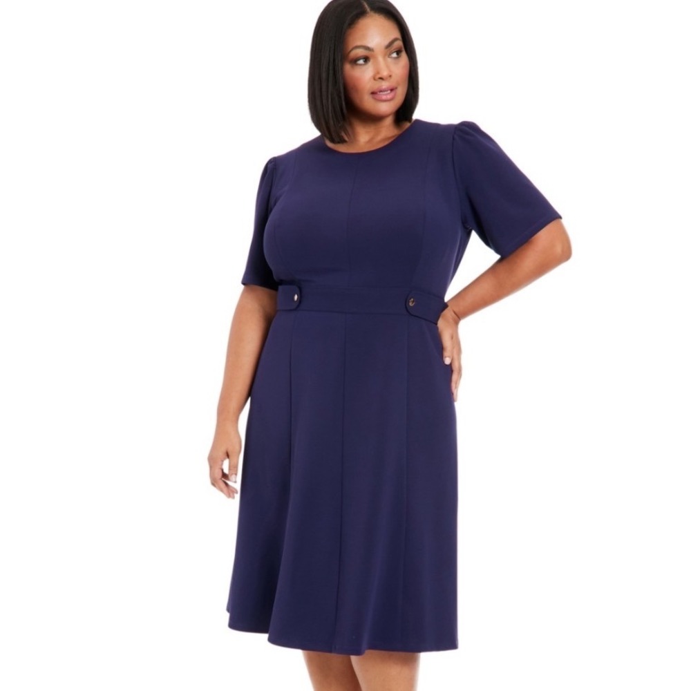 London Times Fit and Flare Dress Women 14W NEW Navy Blue Short Sleeve